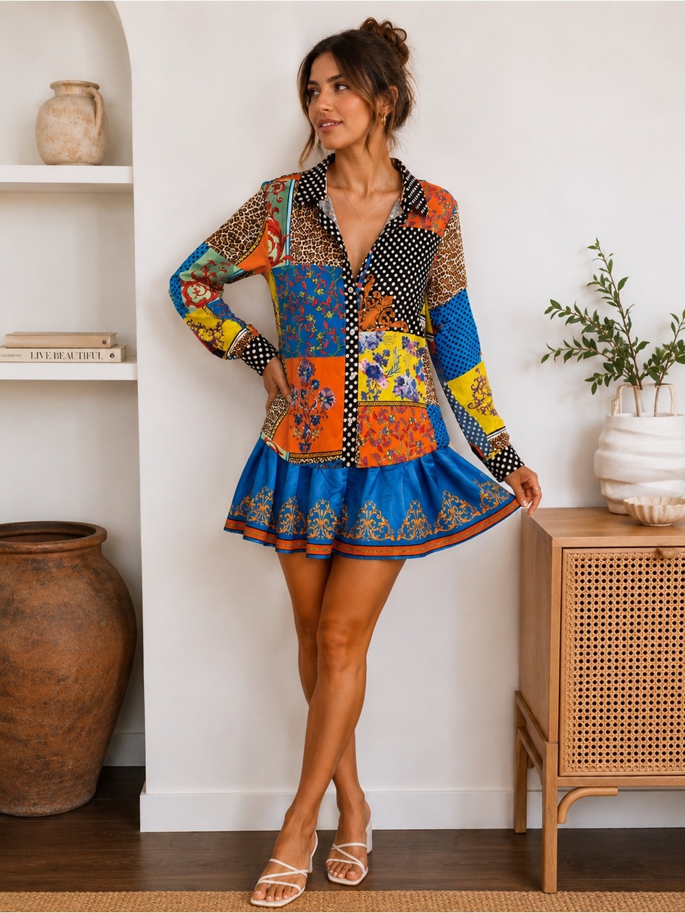 Endless Moon Boutique NWT Patchwork Satin Mini Dress Size L